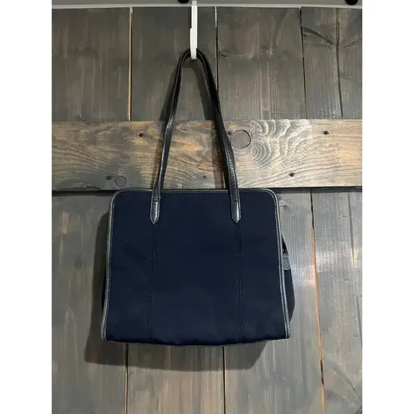 Vintage Coach Navy Blue Tote Bag Stretch Fabric Shoulder Purse Zipper Pockets - Picture 4 of 16